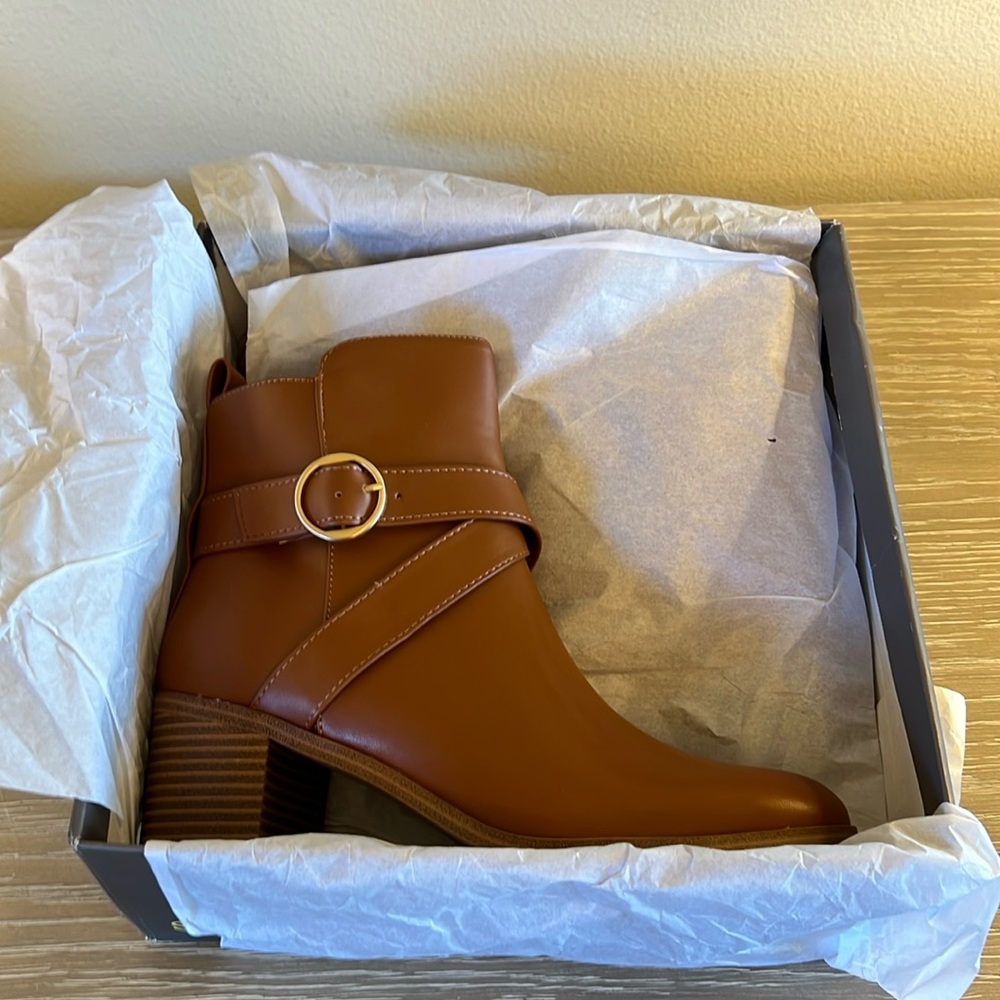 NIB, Style & Co. Rosaliee Belt Booties in Vegan Cognac Leather. - Picture 10 of 11